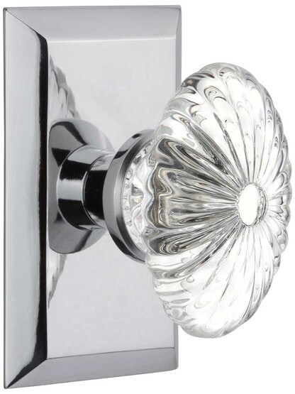 New York Rosette Door Set with Oval Fluted-Crystal Glass Knobs in Polished Chrome.